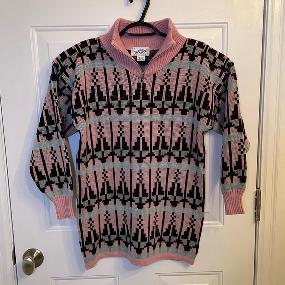 Vintage 80’s Pink Gray Black Art Deco Dressy Tessy Sweater w Shoulder Pads Sz S - Picture 2 of 7